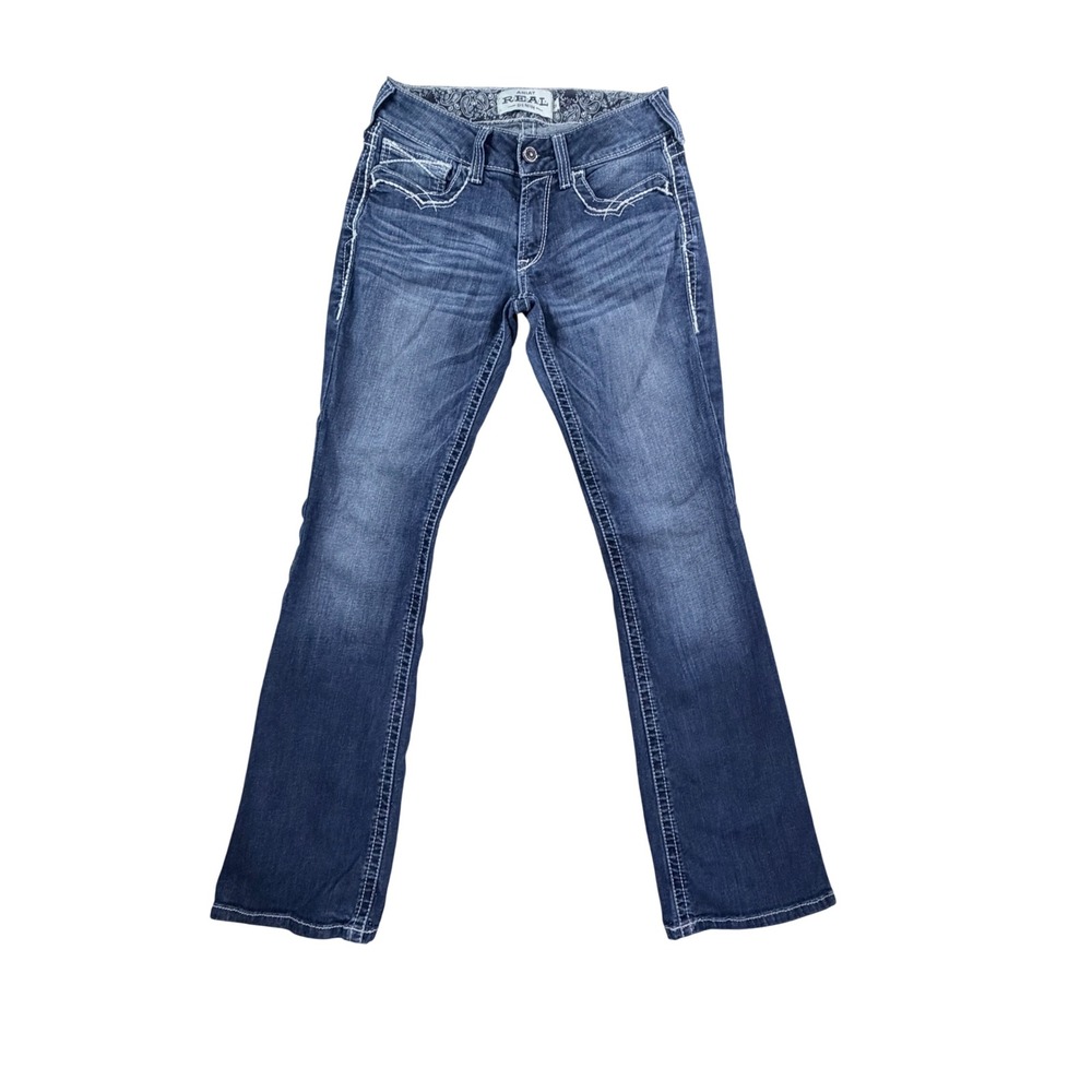 Womens 29 Ariat Real Bootcut Jeans Blue Mid Rise Entwined Stitched Western Denim